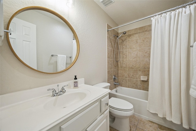 6338 Collina Springs Ct, Houston, TX 77041 - bathroom with shower / bath combo with shower curtain, toilet, vanity, tile patterned flooring, and a textured wall