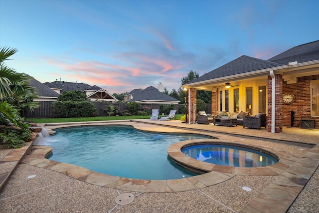 6338 Collina Springs Ct, Houston, TX 77041 - view of swimming pool with a fenced backyard, an outdoor living space, a patio area, a pool with connected hot tub, and ceiling fan