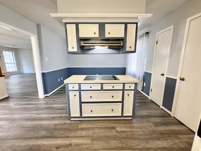 16007 Sailfin St, Crosby, TX 77532 - kitchen with under cabinet range hood, black electric cooktop, dark wood-type flooring, a wainscoted wall, and light countertops
