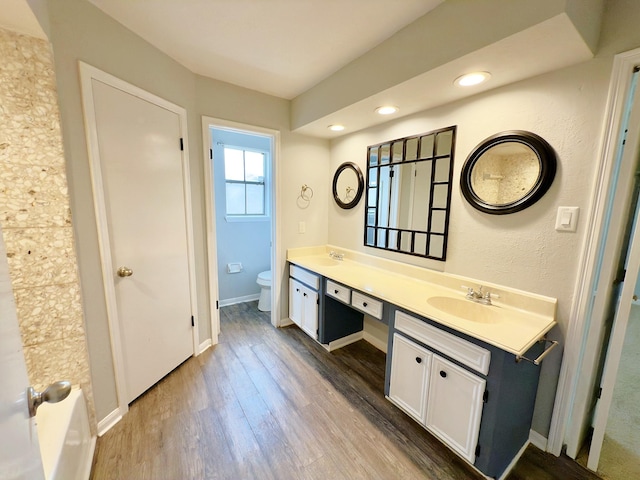 16007 Sailfin St, Crosby, TX 77532 - bathroom with toilet, double vanity, wood finished floors, baseboards, and recessed lighting