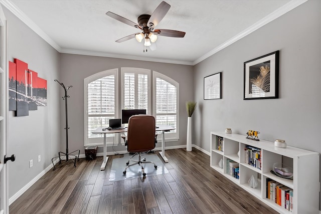 31 Brywood Pl, The Woodlands, TX 77382 - office area with wood finished floors, ceiling fan, baseboards, and crown molding
