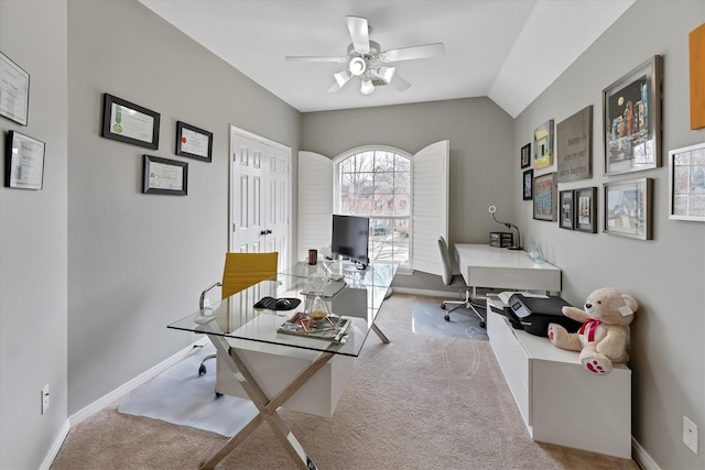 31 Brywood Pl, The Woodlands, TX 77382 - office space with carpet floors, a ceiling fan, baseboards, and lofted ceiling