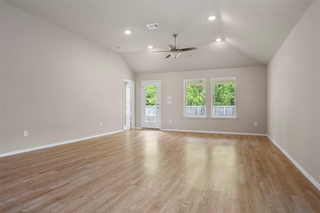 513 Bonnerville Ln, Magnolia, TX 77354 - unfurnished living room featuring a ceiling fan, light wood-style flooring, lofted ceiling, recessed lighting, and baseboards