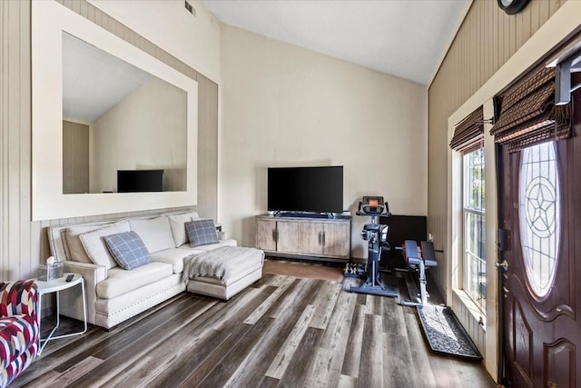 living area featuring wood finished floors and high vaulted ceiling