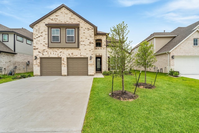 18423 Windy Knoll Way, Houston, TX 77084 - view of front of property with driveway, a garage, brick siding, and a front yard