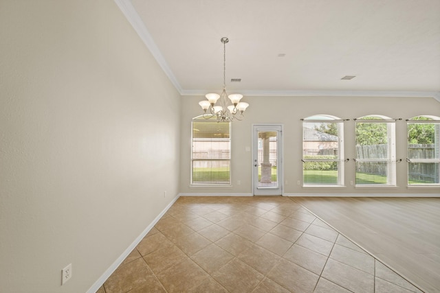 1910 Edenfield Ln, Sugar Land, TX 77479 - unfurnished dining area featuring light tile patterned floors, crown molding, baseboards, healthy amount of natural light, and a chandelier