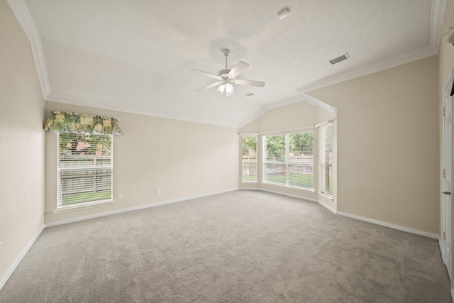 1910 Edenfield Ln, Sugar Land, TX 77479 - unfurnished room featuring ceiling fan, carpet, baseboards, crown molding, and vaulted ceiling