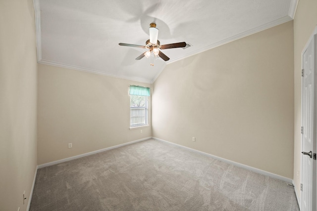 1910 Edenfield Ln, Sugar Land, TX 77479 - spare room with crown molding, ceiling fan, carpet flooring, lofted ceiling, and baseboards