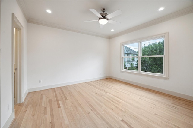 3707 Jardin St, Houston, TX 77005 - spare room featuring light wood-style flooring, ornamental molding, baseboards, ceiling fan, and recessed lighting