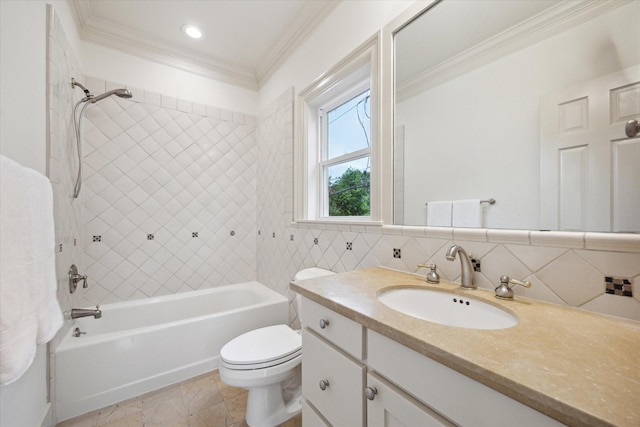 3707 Jardin St, Houston, TX 77005 - bathroom featuring crown molding, toilet, washtub / shower combination, and vanity