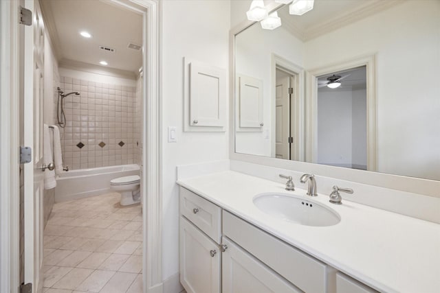 3707 Jardin St, Houston, TX 77005 - full bathroom featuring crown molding, tile patterned flooring, toilet, vanity, and shower / washtub combination