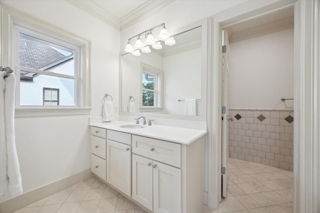 3707 Jardin St, Houston, TX 77005 - bathroom with crown molding, vanity, tile patterned flooring, and a tile shower