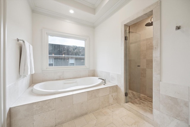 3707 Jardin St, Houston, TX 77005 - full bathroom featuring ornamental molding, a stall shower, a garden tub, and tile patterned flooring