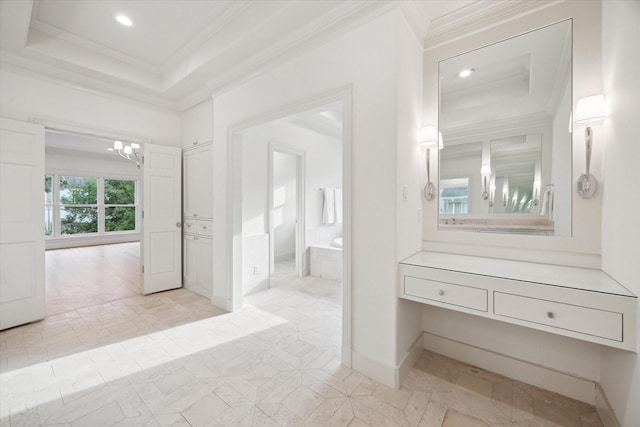 3707 Jardin St, Houston, TX 77005 - full bathroom featuring ornamental molding, a tray ceiling, a chandelier, recessed lighting, and a bathtub