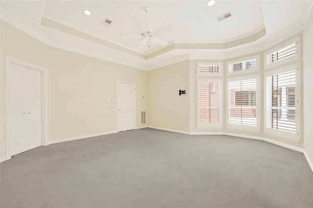 16506 Emilia Ct, Spring, TX 77379 - unfurnished room with ornamental molding, carpet, ceiling fan, recessed lighting, and a tray ceiling