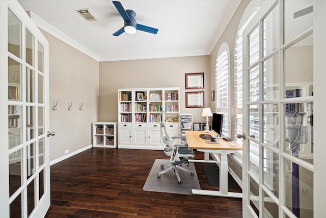 7327 Crescent Bridge Ct, Humble, TX 77396 - office space featuring french doors, ceiling fan, wood finished floors, ornamental molding, and baseboards