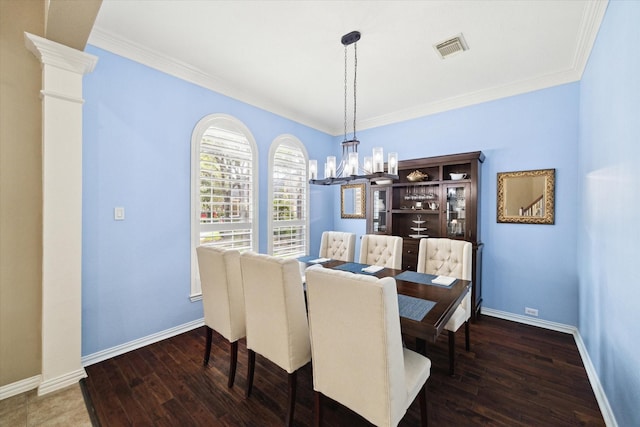 7327 Crescent Bridge Ct, Humble, TX 77396 - dining room featuring a chandelier, wood finished floors, baseboards, ornamental molding, and ornate columns