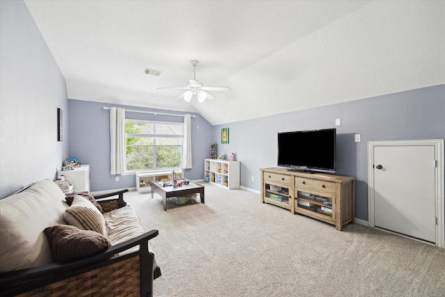 7327 Crescent Bridge Ct, Humble, TX 77396 - carpeted living area featuring ceiling fan, lofted ceiling, and baseboards
