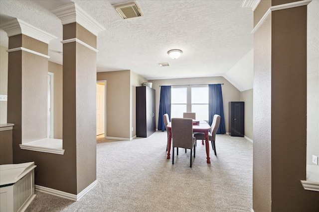 7327 Crescent Bridge Ct, Humble, TX 77396 - dining room with decorative columns, light colored carpet, and baseboards