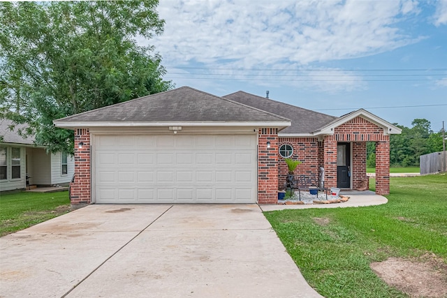 109 Moonspinner, Conroe, TX 77356 - ranch-style home featuring brick siding, driveway, roof with shingles, a garage, and a front yard