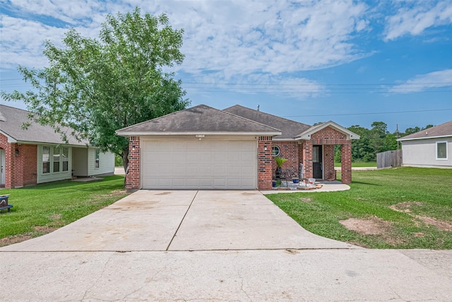 109 Moonspinner, Conroe, TX 77356 - ranch-style home with an attached garage, driveway, a front yard, and brick siding
