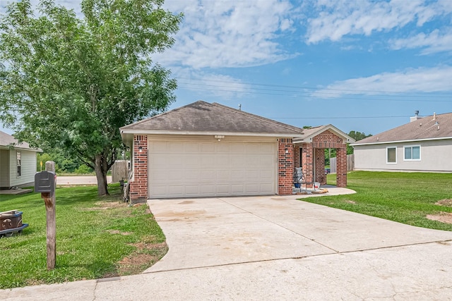 109 Moonspinner, Conroe, TX 77356 - view of front of house featuring brick siding, concrete driveway, a front lawn, and a garage
