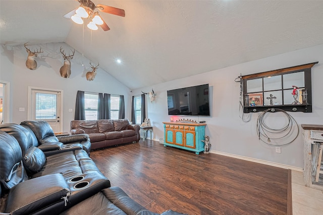 109 Moonspinner, Conroe, TX 77356 - living room with ceiling fan, high vaulted ceiling, wood finished floors, baseboards, and recessed lighting