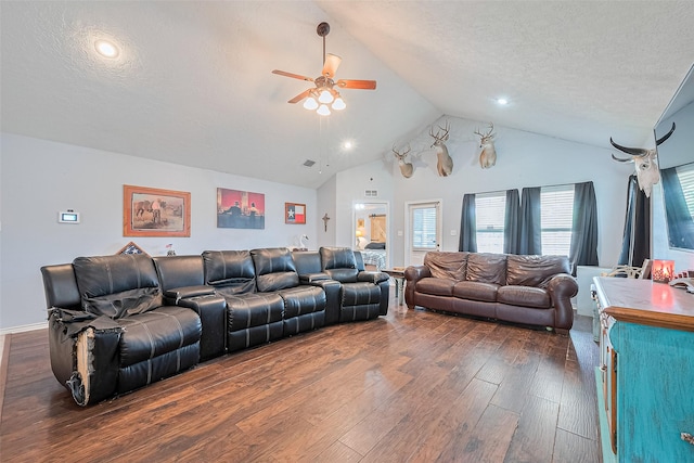 109 Moonspinner, Conroe, TX 77356 - living room featuring a ceiling fan, dark wood-style floors, a textured ceiling, high vaulted ceiling, and recessed lighting