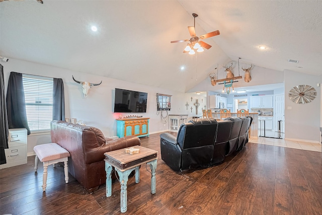 109 Moonspinner, Conroe, TX 77356 - living room featuring ceiling fan, light wood-style floors, high vaulted ceiling, baseboards, and recessed lighting