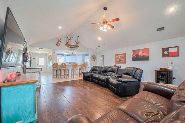 109 Moonspinner, Conroe, TX 77356 - living area with ceiling fan, vaulted ceiling, wood finished floors, and recessed lighting