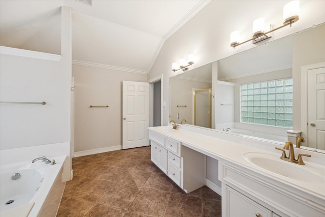 1044 Cayman Bend Ln, League City, TX 77573 - bathroom with ornamental molding, double vanity, a bath, lofted ceiling, and a shower stall