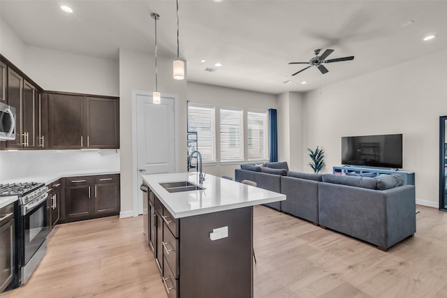 144 Knightsbridge Park Ln, Houston, TX 77018 - kitchen featuring appliances with stainless steel finishes, a sink, open floor plan, ceiling fan, and dark brown cabinets