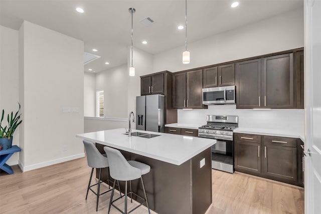 144 Knightsbridge Park Ln, Houston, TX 77018 - kitchen featuring appliances with stainless steel finishes, a sink, light wood finished floors, dark brown cabinetry, and a center island with sink