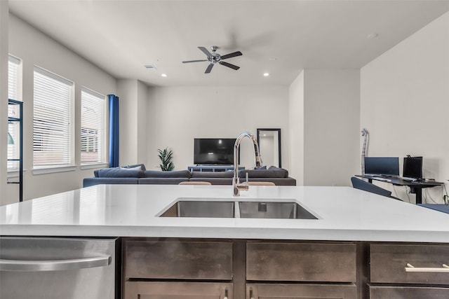 144 Knightsbridge Park Ln, Houston, TX 77018 - kitchen with open floor plan, dishwasher, a sink, dark brown cabinets, and recessed lighting