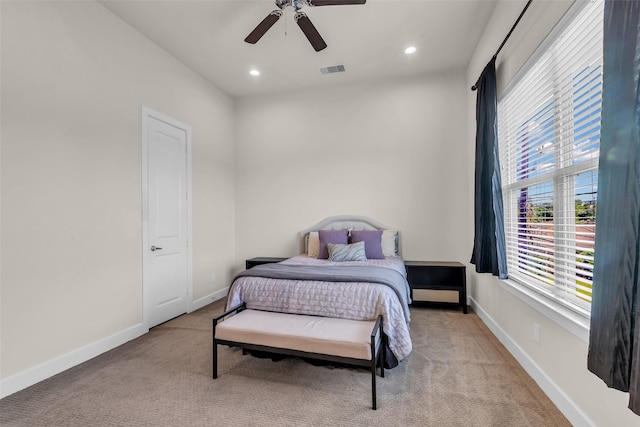 144 Knightsbridge Park Ln, Houston, TX 77018 - bedroom featuring light carpet, baseboards, recessed lighting, and ceiling fan