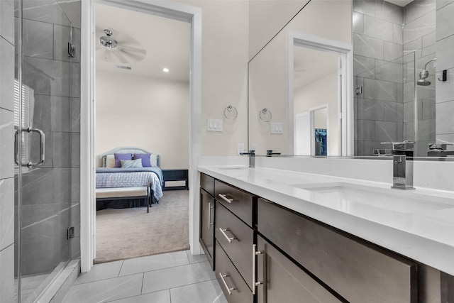 144 Knightsbridge Park Ln, Houston, TX 77018 - full bathroom featuring a shower stall, vanity, ensuite bathroom, tile patterned floors, and ceiling fan