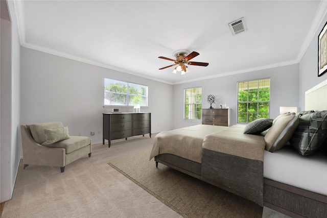 4822 Droddy St, Houston, TX 77091 - bedroom featuring ornamental molding, a ceiling fan, light colored carpet, and baseboards