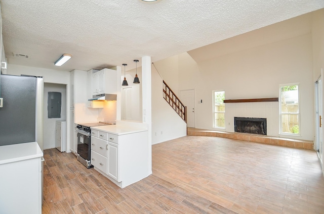 3538 Ocee St, Houston, TX 77063 - kitchen featuring stainless steel appliances, electric panel, light countertops, light wood finished floors, and under cabinet range hood