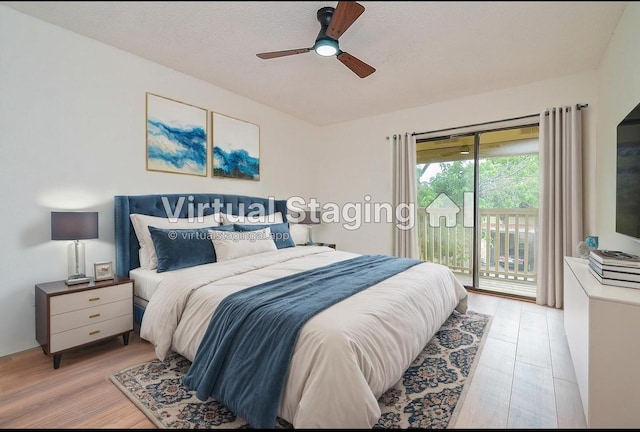 3538 Ocee St, Houston, TX 77063 - bedroom with access to exterior, light wood-type flooring, a textured ceiling, and a ceiling fan