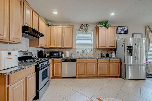 3619 Canton Hills Ln, Missouri City, TX 77459 - kitchen with stainless steel appliances, a sink, under cabinet range hood, tasteful backsplash, and dark stone counters