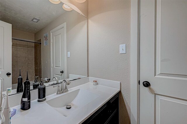 3619 Canton Hills Ln, Missouri City, TX 77459 - bathroom with a textured wall, vanity, and a shower