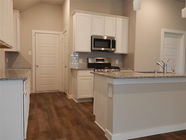 228 Rustic Ridge Cir, Magnolia, TX 77354 - kitchen with stainless steel appliances, dark wood finished floors, white cabinets, and vaulted ceiling