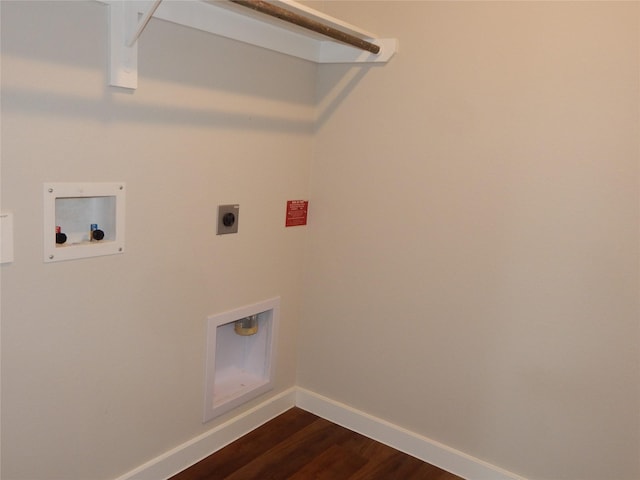 228 Rustic Ridge Cir, Magnolia, TX 77354 - laundry area with electric dryer hookup, dark wood-type flooring, baseboards, and hookup for a washing machine