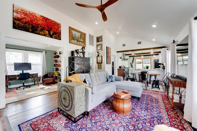 1127 Nadine St, Houston, TX 77009 - living area featuring ceiling fan, recessed lighting, wood finished floors, a desk, and high vaulted ceiling