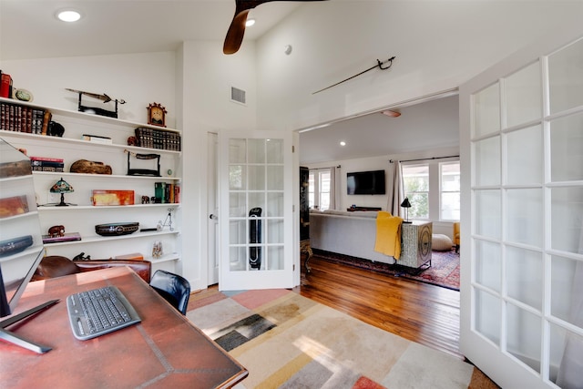 1127 Nadine St, Houston, TX 77009 - office featuring wood finished floors, french doors, a ceiling fan, recessed lighting, and vaulted ceiling