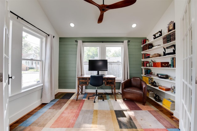1127 Nadine St, Houston, TX 77009 - office with healthy amount of natural light, ceiling fan, wood finished floors, lofted ceiling, and recessed lighting