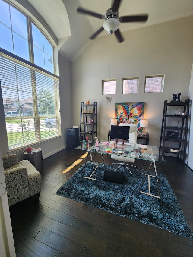 4723 Abercorn St, Rosharon, TX 77583 - living room with lofted ceiling, an office area, hardwood / wood-style flooring, a ceiling fan, and baseboards