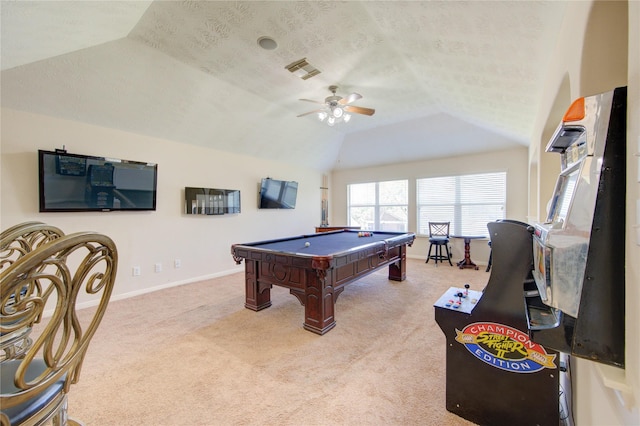 2127 Linden Rock Dr, Katy, TX 77494 - playroom featuring vaulted ceiling, carpet, ceiling fan, pool table, and baseboards