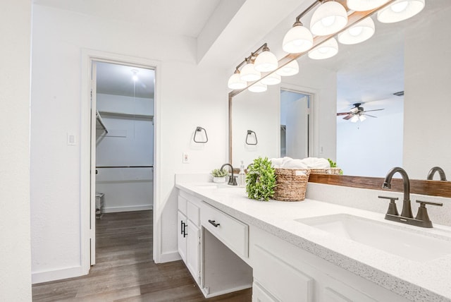 102 Banyan St, Lake Jackson, TX 77566 - bathroom with double vanity, wood finished floors, a ceiling fan, and a walk in closet