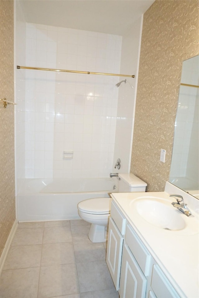11714 Goldstream Ct, Tomball, TX 77377 - full bath featuring wallpapered walls, toilet, vanity, shower / washtub combination, and tile patterned flooring